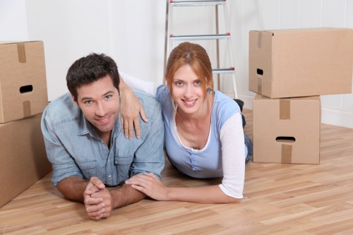 Packed office furniture and equipment ready for transport