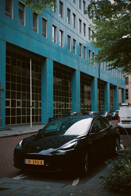 A black electric vehicle with a glossy finish is parked on a street in front of a modern blue building with large glass windows, during daytime with natural lighting. The car is positioned in a designated parking space, and behind it is a white van connected to a charging station through a visible cable. Inside the building's open ground-floor area, several cardboard boxes, some wrapped in plastic, and furniture such as a wooden table and a fabric-covered armchair are being loaded onto the van as part of a home relocation process. The scene shows the loading process carried out by Removal Van Holland Park, with workers presumably using trolleys or straps to move household items. The environment includes a few trees with green foliage framing the scene, and the overall atmosphere reflects a typical urban building setting during the packing and moving of household goods.