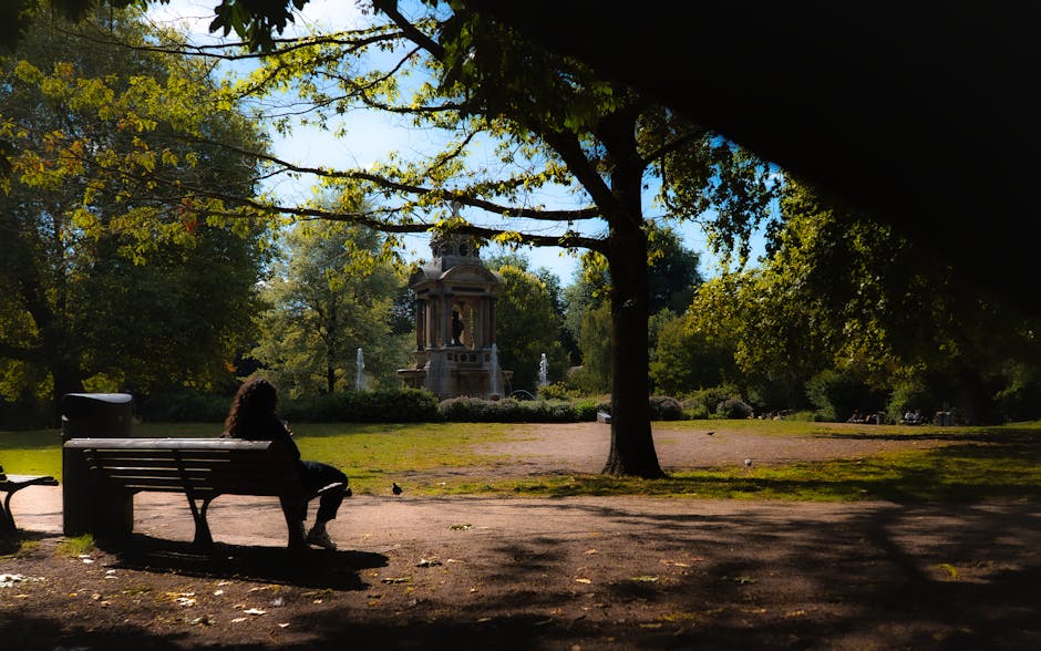 A person sitting alone on a wooden park bench in a green, leafy park during daylight hours, facing a central classical-style monument surrounded by trees and manicured gardens. The person appears to be relaxing, with their back to the camera, and is dressed in dark clothing. The park is shaded by large trees with branches extending overhead, casting shadows on the ground, while sunlight filters through the foliage. The surrounding environment includes a well-maintained lawn and pathways, with the monument featuring sculptures and decorative details visible in the background. This scene depicts a peaceful home relocation or packing and moving process in a calm outdoor setting, relevant to professional removal services by Removal Van Holland Park.